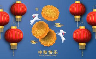 Elegant mid autumn festival with rabbit bunny and moon cake vector