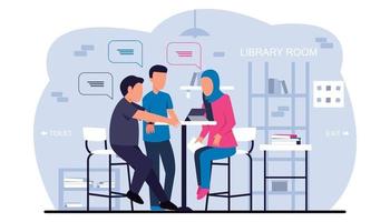 Three people studying together in the library vector