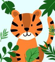 Hand drawn vector tiger in frame of tropical leaves. Cute illustration