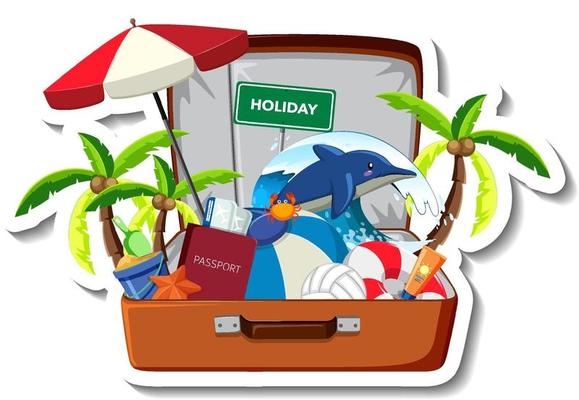 Beach holiday with summer beach items in the opened suitcase