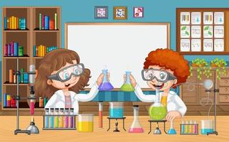 aula con niños haciendo experimentos científicos. vector