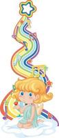 Cupido niña con símbolos de melodía en la onda del arco iris vector