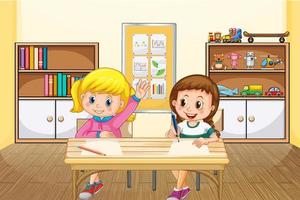 Scene with two girls studying in the classroom vector