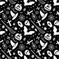 Halloween spooky items isolated on black background forming pattern vector