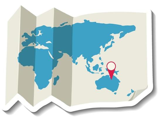 Folded paper world map with red pin