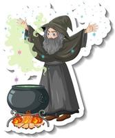 Old wizard brewing potion pot cartoon character sticker vector