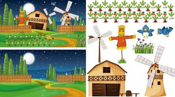 Farm element set isolated with farm scene vector