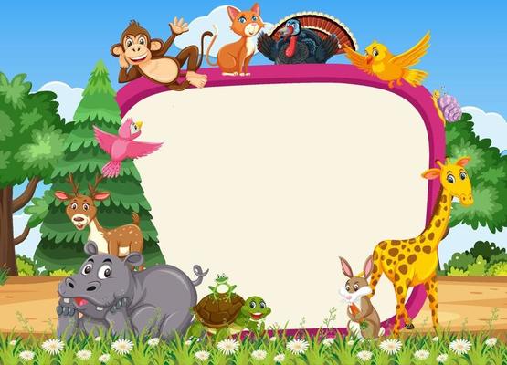 Empty banner with various wild animals in the forest