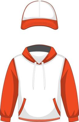 Front of basic white and orange hoodie and cap isolated