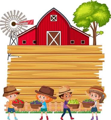Empty wooden board with farmer kids and barn