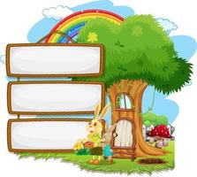 Blank banner in the garden with two rabbits isolated vector