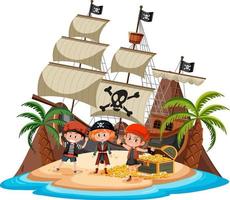 Barco pirata en la isla con muchos niños aislado sobre fondo blanco. vector