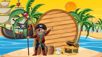 Plantilla de banner vacío con capitán pirata en la escena del atardecer en la playa vector