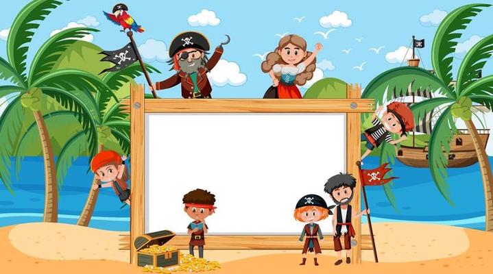 Empty wooden frame with many pirate kids at the beach