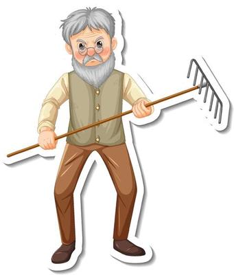 Sticker template with a gardener old man holds rake gardening tool