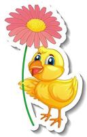 Plantilla de pegatina con personaje de dibujos animados de un pollito sosteniendo una flor vector