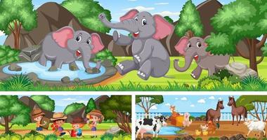 Different outdoor panoramic landscape scenes with cartoon character vector