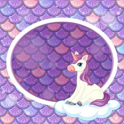 Oval frame template on purple fish scales background with unicorn