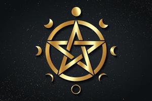 Gold Pentacle circle symbol and Phases of the moon. Wiccan symbol vector