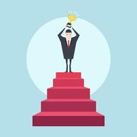 Successful businessman on top of the stairs with the trophy. vector