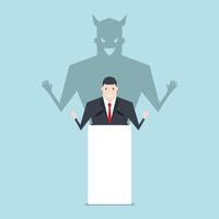 Businessman talking on podium with shadow of devil. vector