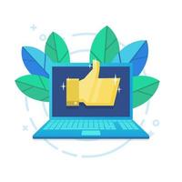 Modern laptop with Gold thumb up sign on screen. vector