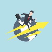 Businessman running on an arrow in front of Earth globe. vector