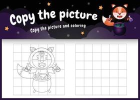 Copie la imagen del juego para niños y la página para colorear con un lindo zorro vector