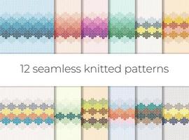 Collection of 12 seamless knitted multicolored geometric patterns. vector