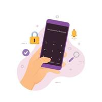Hand holding smartphone with lock screen code vector