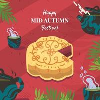 Moon Cake On The Table With Teapot and Cup of Tea Concept vector