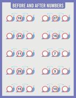 Before and after. Mathematics. Worksheets for children. vector