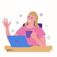 Girl freelancer works at a laptop and drinks from a mug. Work at home vector