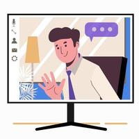 Chatting online. Man on the monitor screen. Work at home, vector