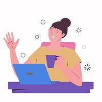 Girl freelancer works at a laptop and drinks from a mug. vector