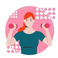 Una chica pelirroja practica deportes con mancuernas en las manos. vector