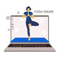 Yoga online. Girl coach holds a lesson online. Laptop screen. Sports vector