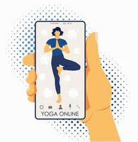 Yoga online. Girl coach on a smartphone screen vector
