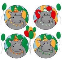 Set of Happy hippos with balloons, in birthday vector