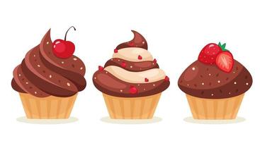 cupcakes de chocolate con cereza, fresa, grosella vector