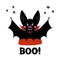 Cute cartoon vampire bat with fangs and red cloak and boo word vector