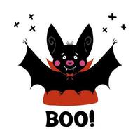 Cute cartoon vampire bat with fangs and red cloak and boo word vector