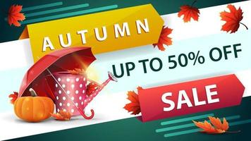 Autumn discount web banner with garden watering can and ripe pumpkin vector