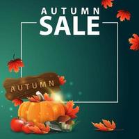 Banner web cuadrado de otoño con cosecha de verduras y un letrero de madera vector