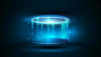 Podio de holograma digital azul en forma cilíndrica con anillos brillantes vector