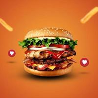 Sabrosa hamburguesa fresca con icono de amor sobre fondo naranja foto