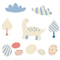 Pastel colored vector set of dinosaur eggs and clouds