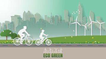 Green energy concepts father son ride bicycle in parks Paper art style vector