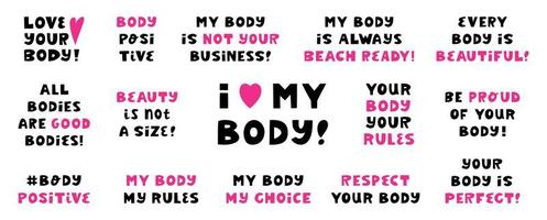 Body positive lettering set isolated on white background. vector