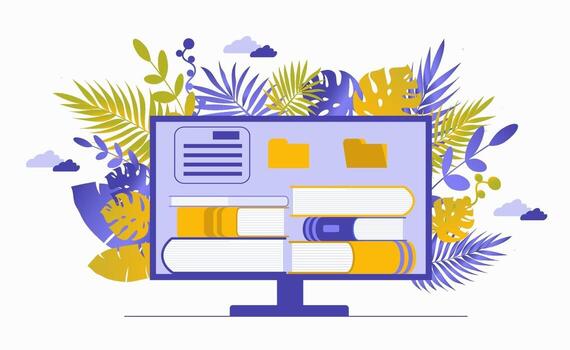 Computer monitor with a stack of books. Reading literature vector